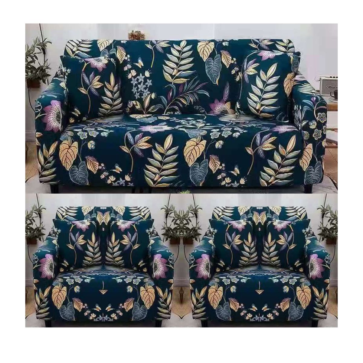GENERICO - Juego De 3 Funda Cubre Sillón, 3+1+1 AZUL DE HOJAS MULTICOLOR TF