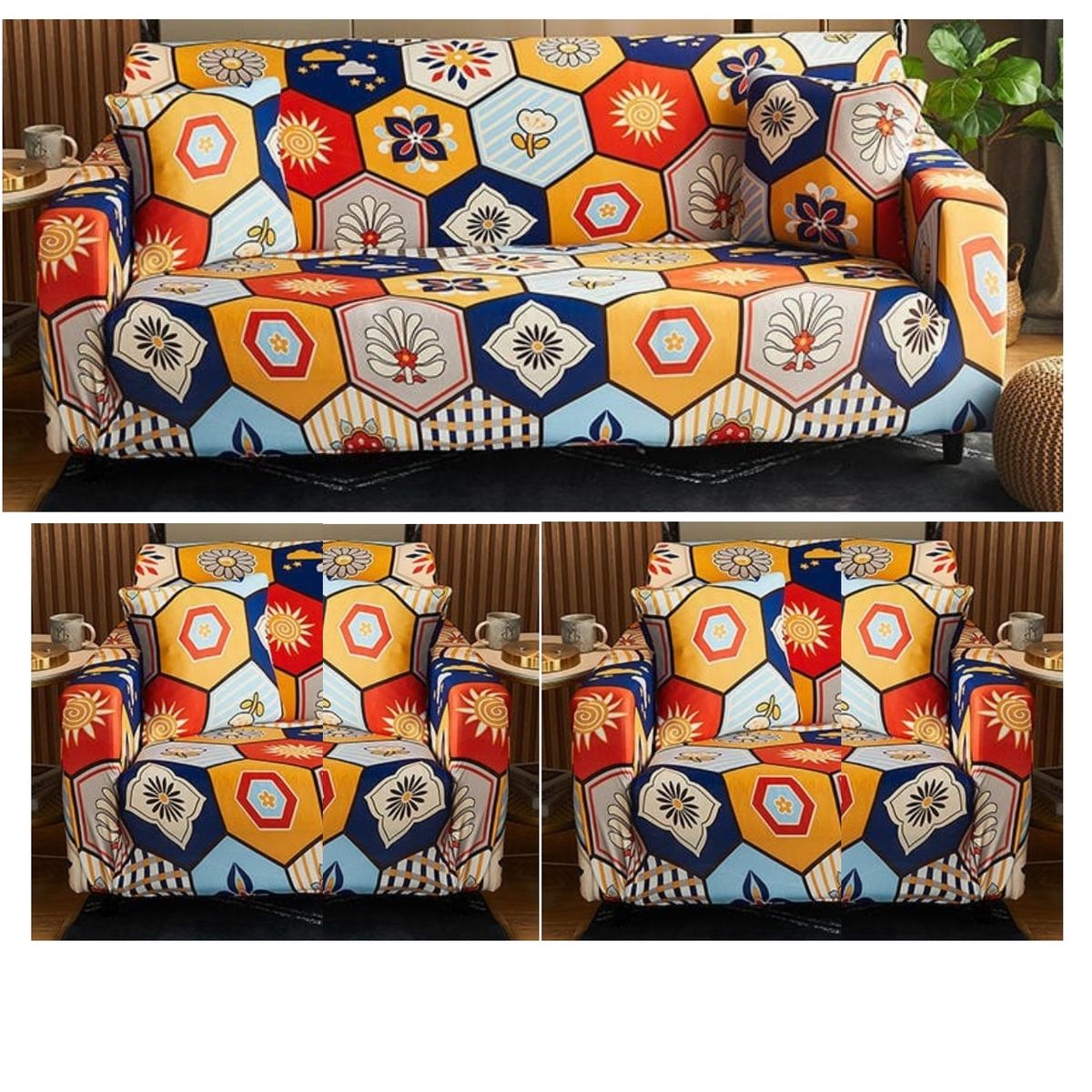 GENERICO - Juego De 3 Funda Cubre Sillón, 3+1+1 FIGURA GEOMETRICA MULTICOLOR TF