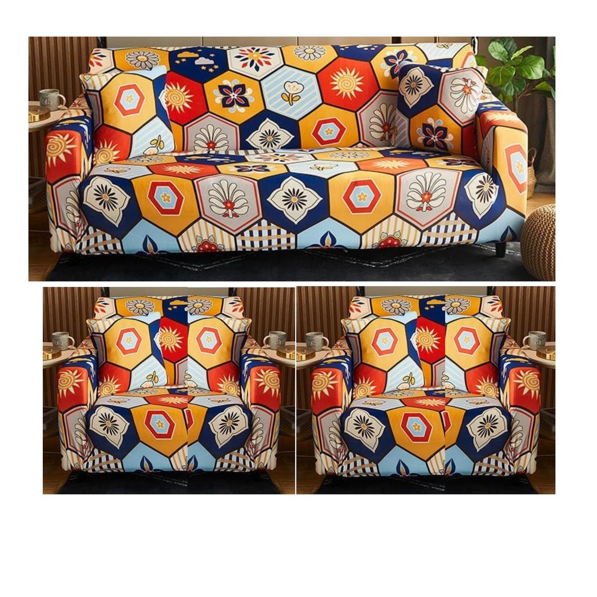 GENERICO - Juego De 3 Funda Cubre Sillón, 3+1+1 FIGURA GEOMETRICA MULTICOLOR TF