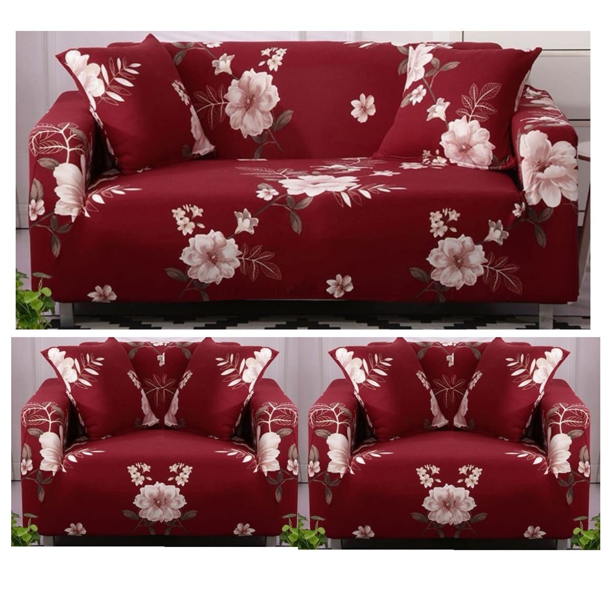 GENERICO - Juego De 3 Funda Cubre Sillón, 3+1+1 BURDEO ESTAMPADO DE FLORES  TF