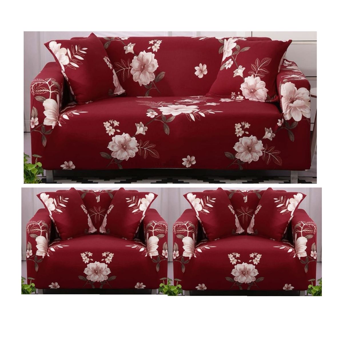 GENERICO - Juego De 3 Funda Cubre Sillón, 3+1+1 BURDEO ESTAMPADO DE FLORES  TF