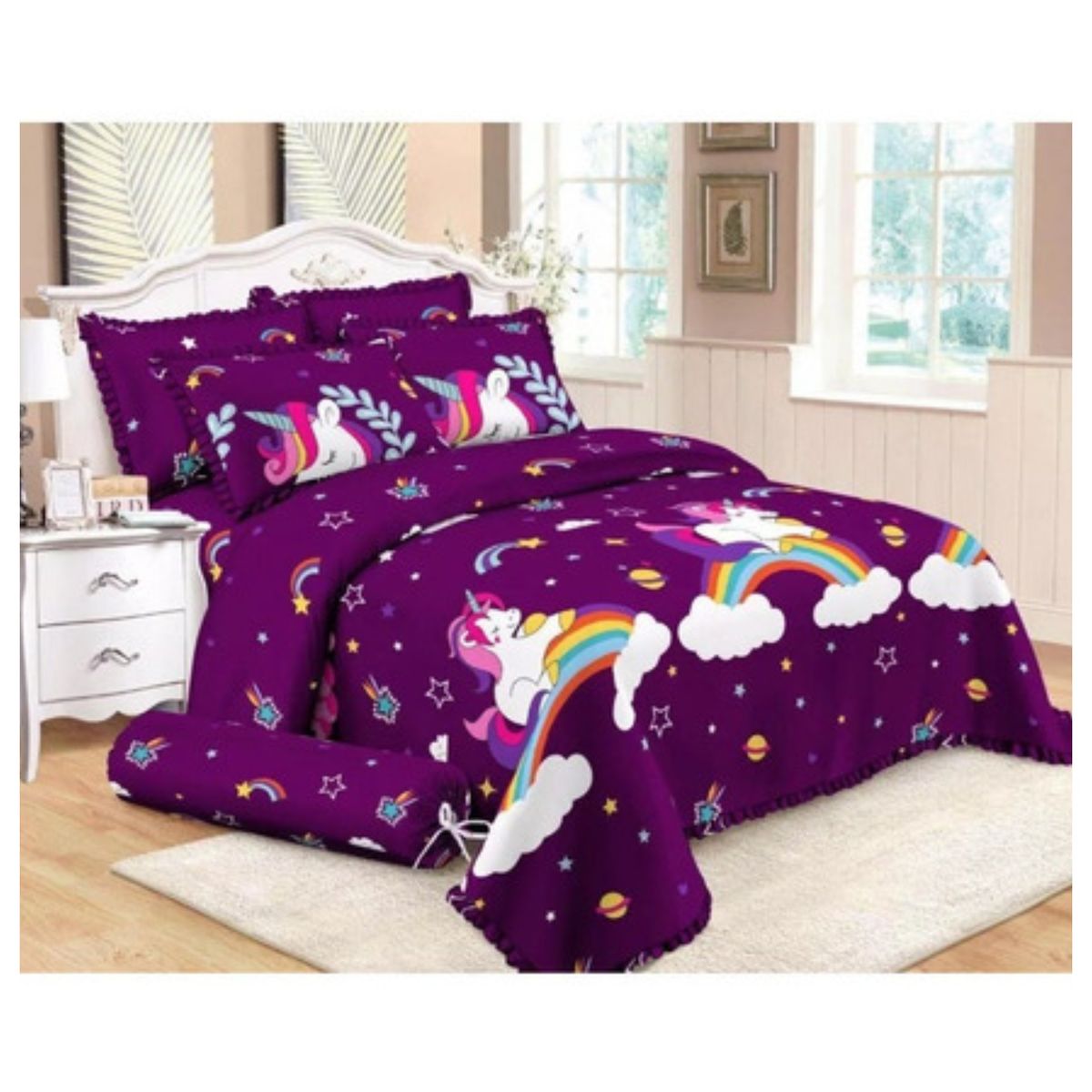 GENERICO - CUBRECAMA DE NIÑA 1.5 PLAZA QUILT MORADO UNICORNIO ARCOIRIS DIANA