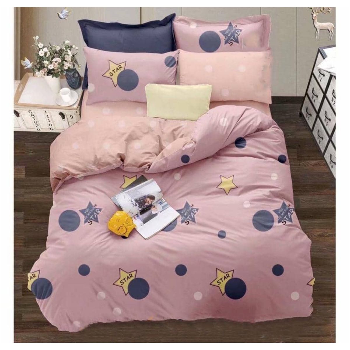 GENERICO - CUBRECAMA QUILT 2 PLAZAS ROSA ESTAMPADO DE PUNTO ESRELLA STAR DIANA