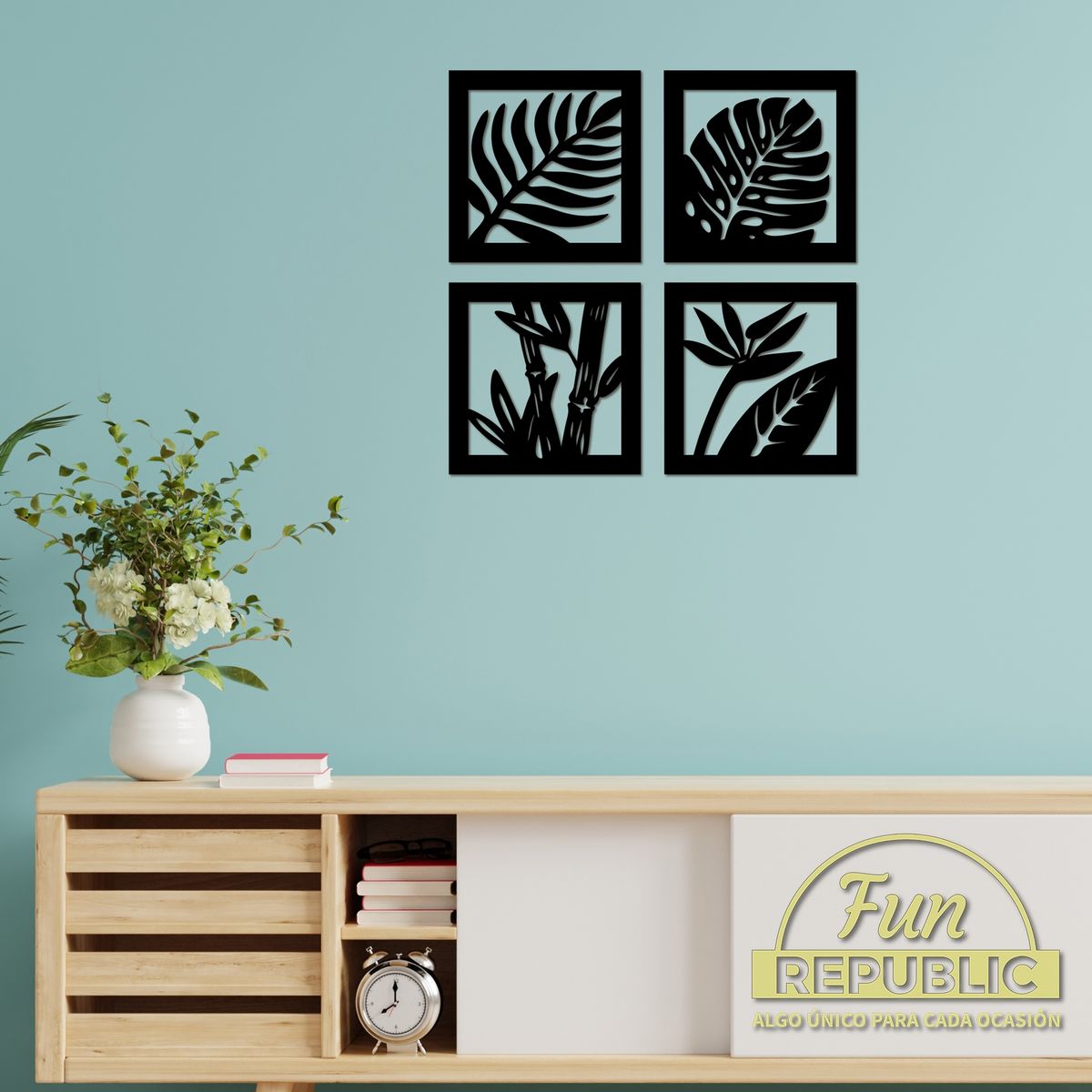 ELAB PROPIA - Set 4 Cuadros Decorativos Palmeras 30 cm x 30 cm c.u. Fun Republic