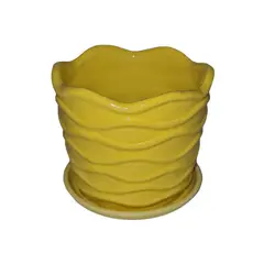 MOGA - Macetero jarron con base 13x13x12cm ceramica ondas amarillo