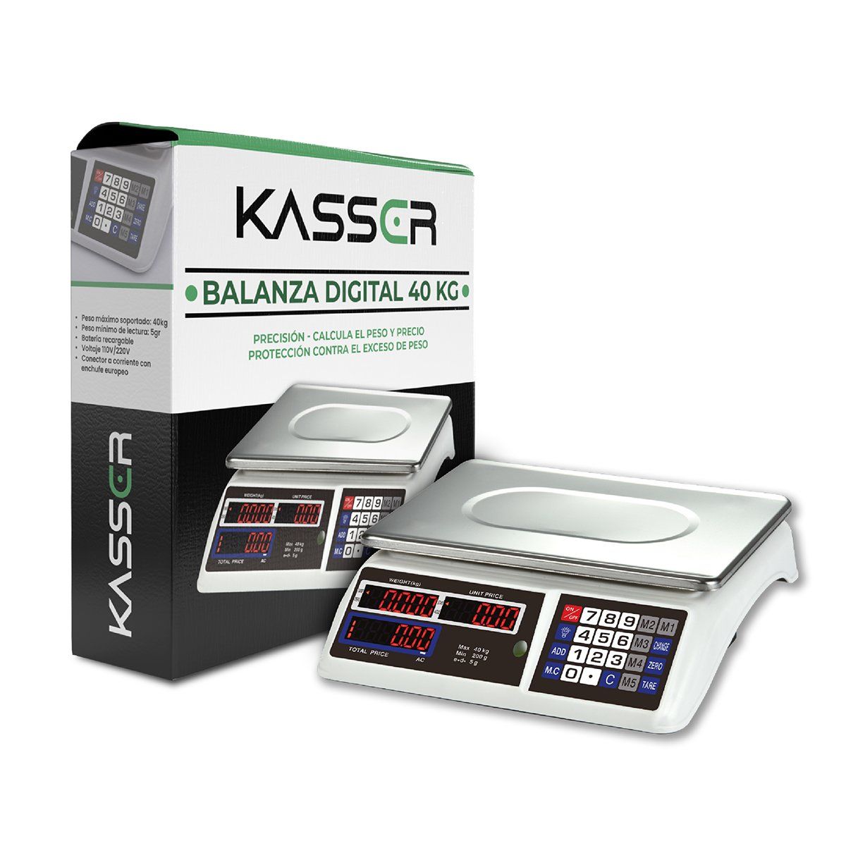 HOSSER - Balanza Digital Kasser Pesa 40 kilos Comercial Recargable 