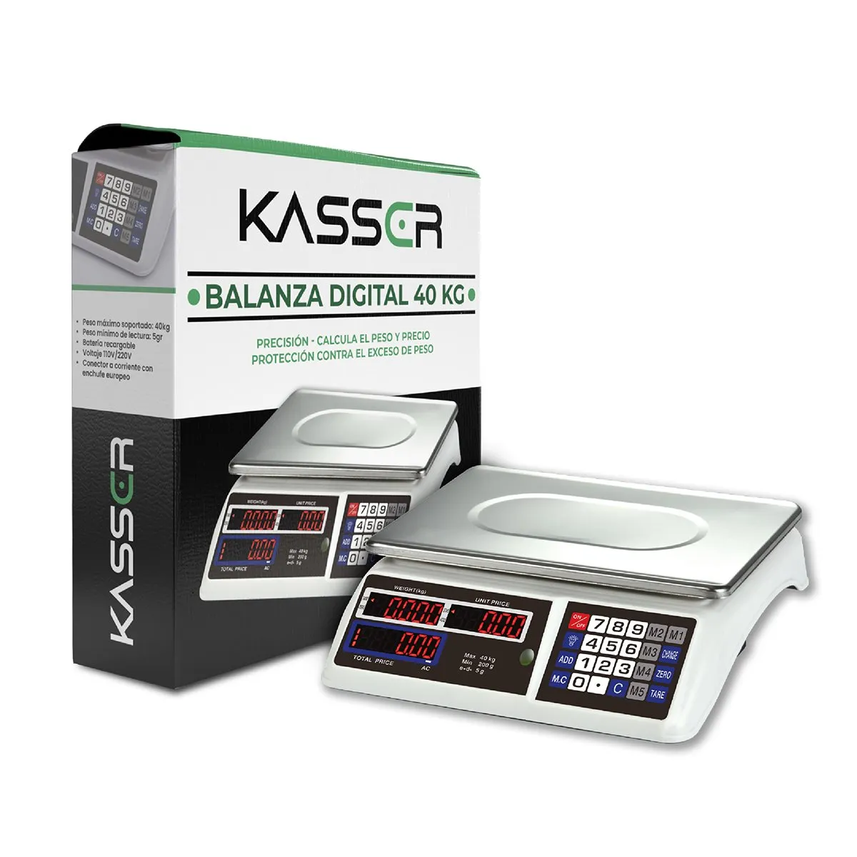 HOSSER - Balanza Digital Kasser Pesa 40 kilos Comercial Recargable 