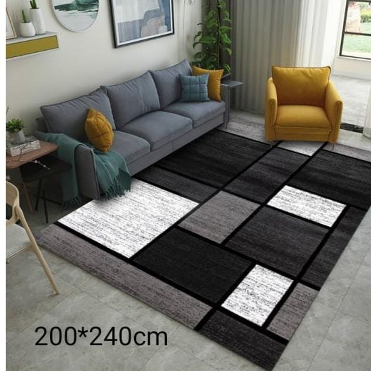 GENERICO - ALFOMBRA PARA LIVING 200X240 DELGADA NEGRA DE CUADROS NEUTROS MARIA