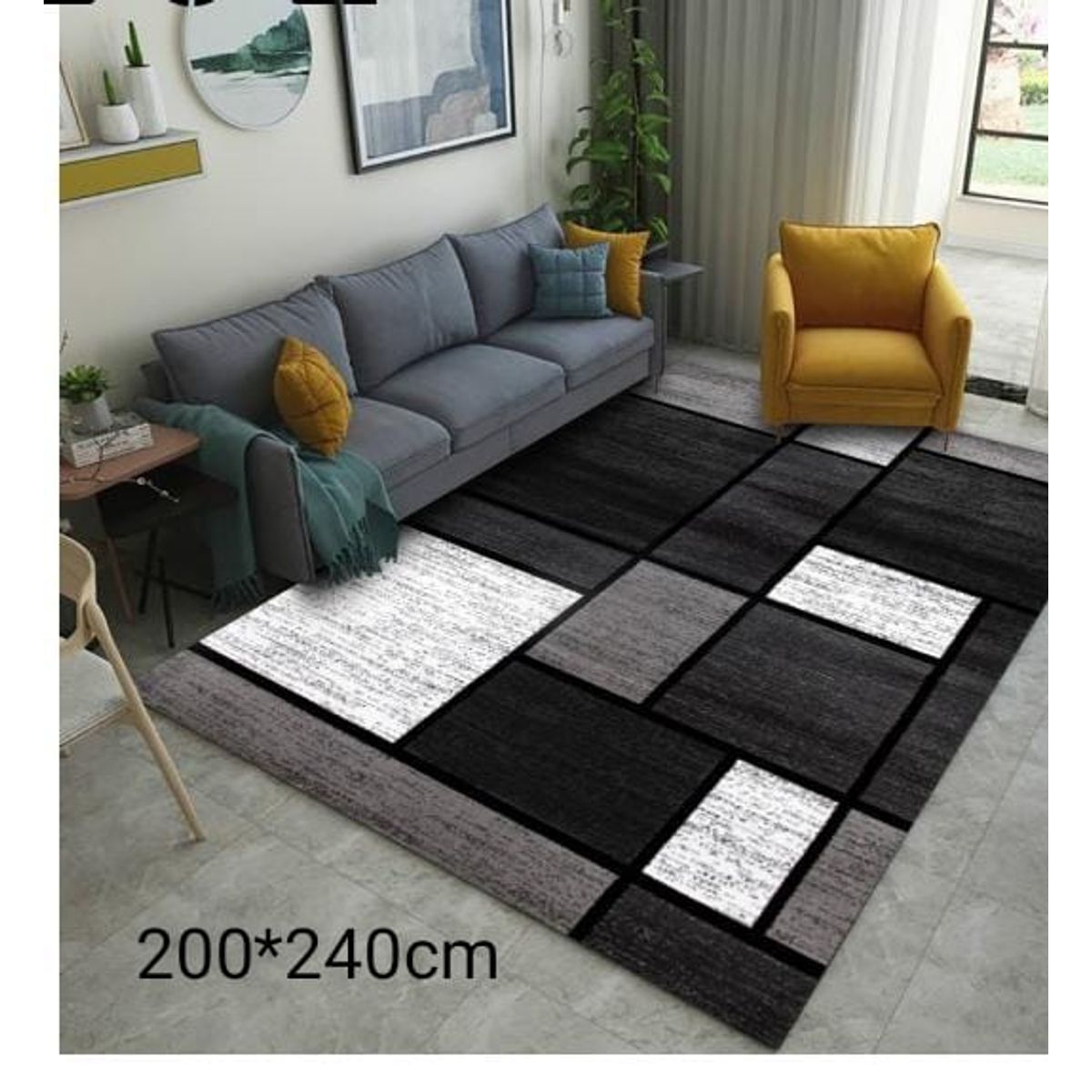 GENERICO - ALFOMBRA PARA LIVING 200X240 DELGADA NEGRA DE CUADROS NEUTROS MARIA