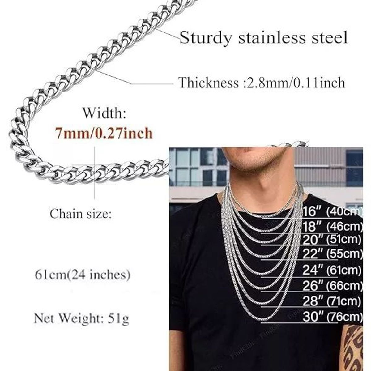 KUANGYE - Collar Cadena Hombre Acero Inoxidable 7mm 60cm Gruesa