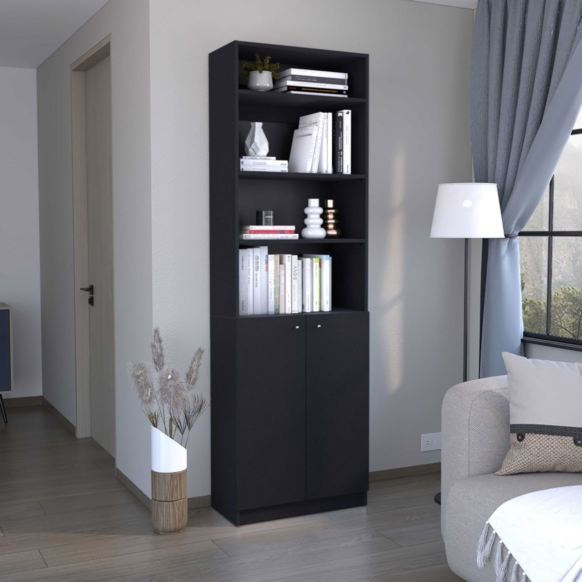 FMFURNITURE - Set Estante 2 Puertas + Complemento Fm-035N Negro