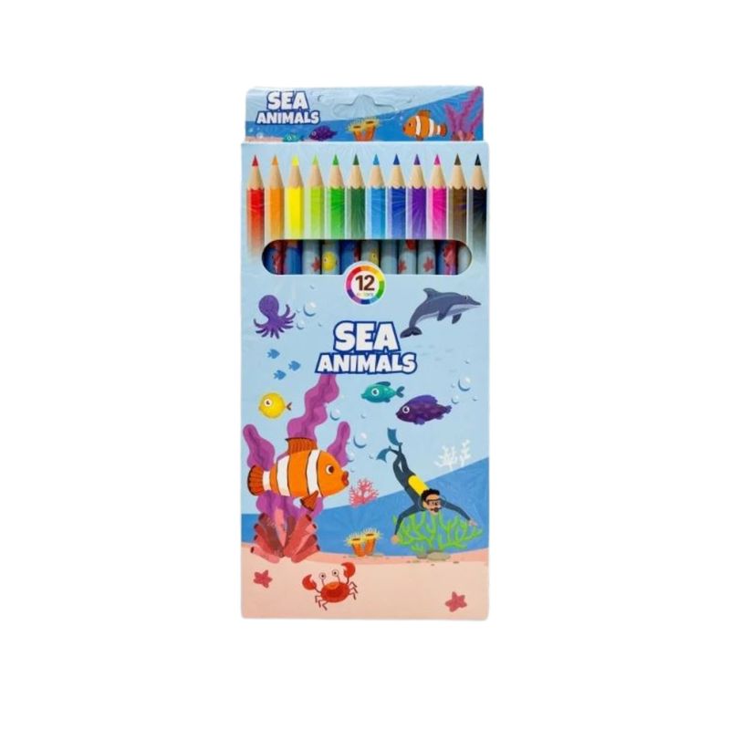 GENERICO - Lapices Set Celeste 12 Color Diseño Marino Infantil Escolar