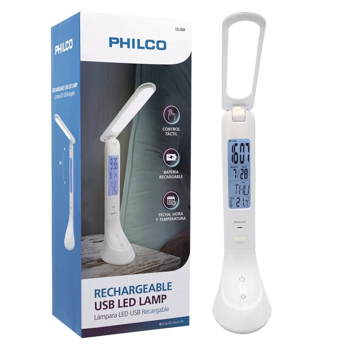 PHILCO - Lámpara Led Escritorio Recargable Philco Con Reloj