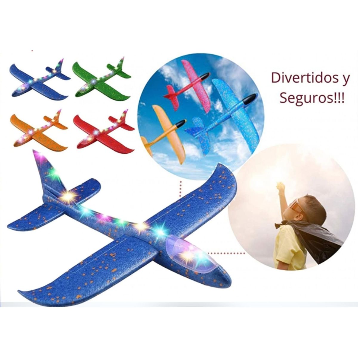 GENERICO - Avión Planeador Plumavit 50x47cm Con Luces Led Color Azul
