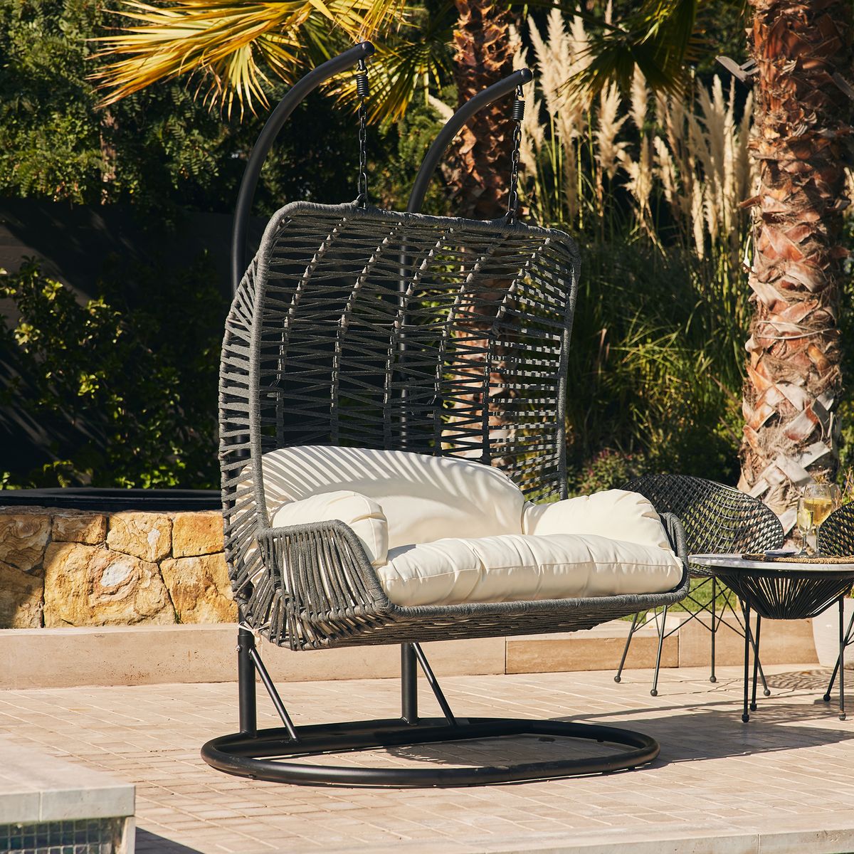 RELAN - Silla Colgante Doble para Terraza con Base y Cojines