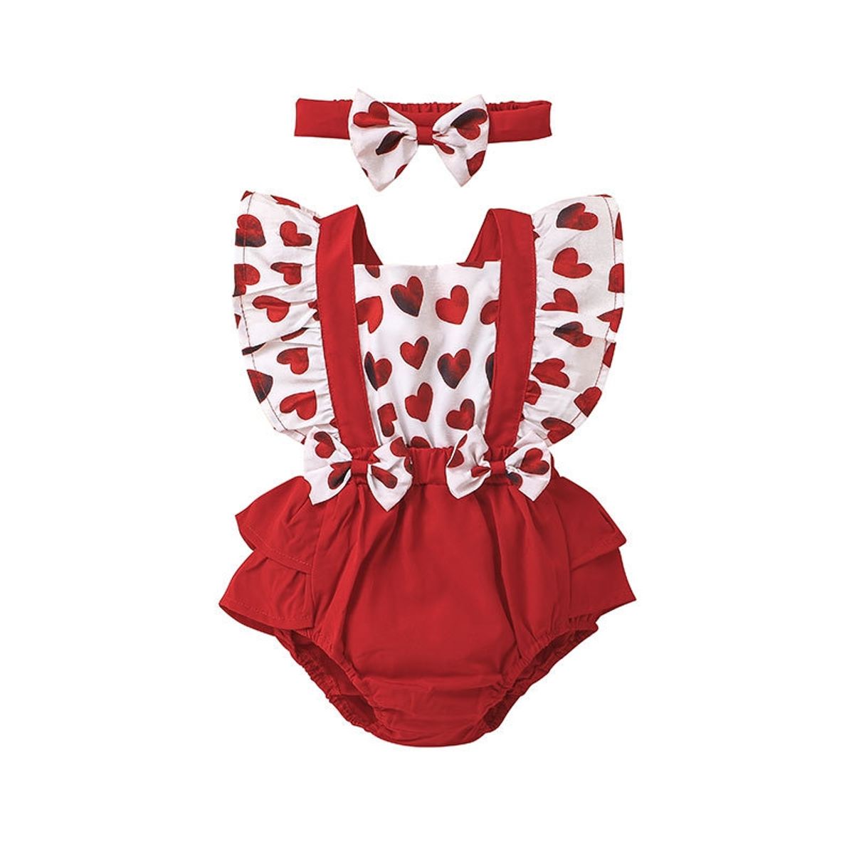 ANGO - Conjunto SAN VALENTIN BEBÉ   - Enterito Corazones Rojo y Cintillo