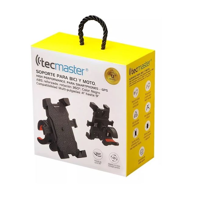 TECMASTER - Soporte Bicicleta Y Moto Celular Rotación 360 Tecmaster Negro