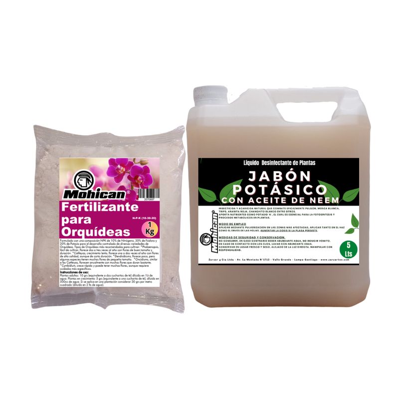 MOHICAN - PROMO JABÓN POTÁSICO ACEITE NEEM 5LTS + FERTI ORQUIDEAS 1KG