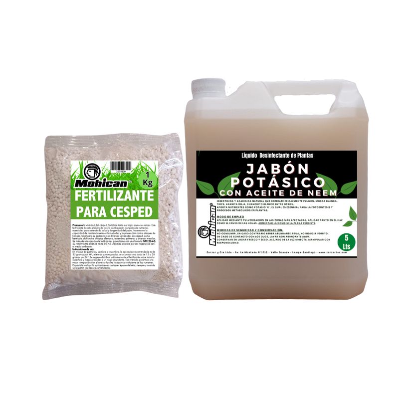 MOHICAN - PROMO JABÓN POTÁSICO ACEITE NEEM 5LTS + FERTI CESPED 1KG