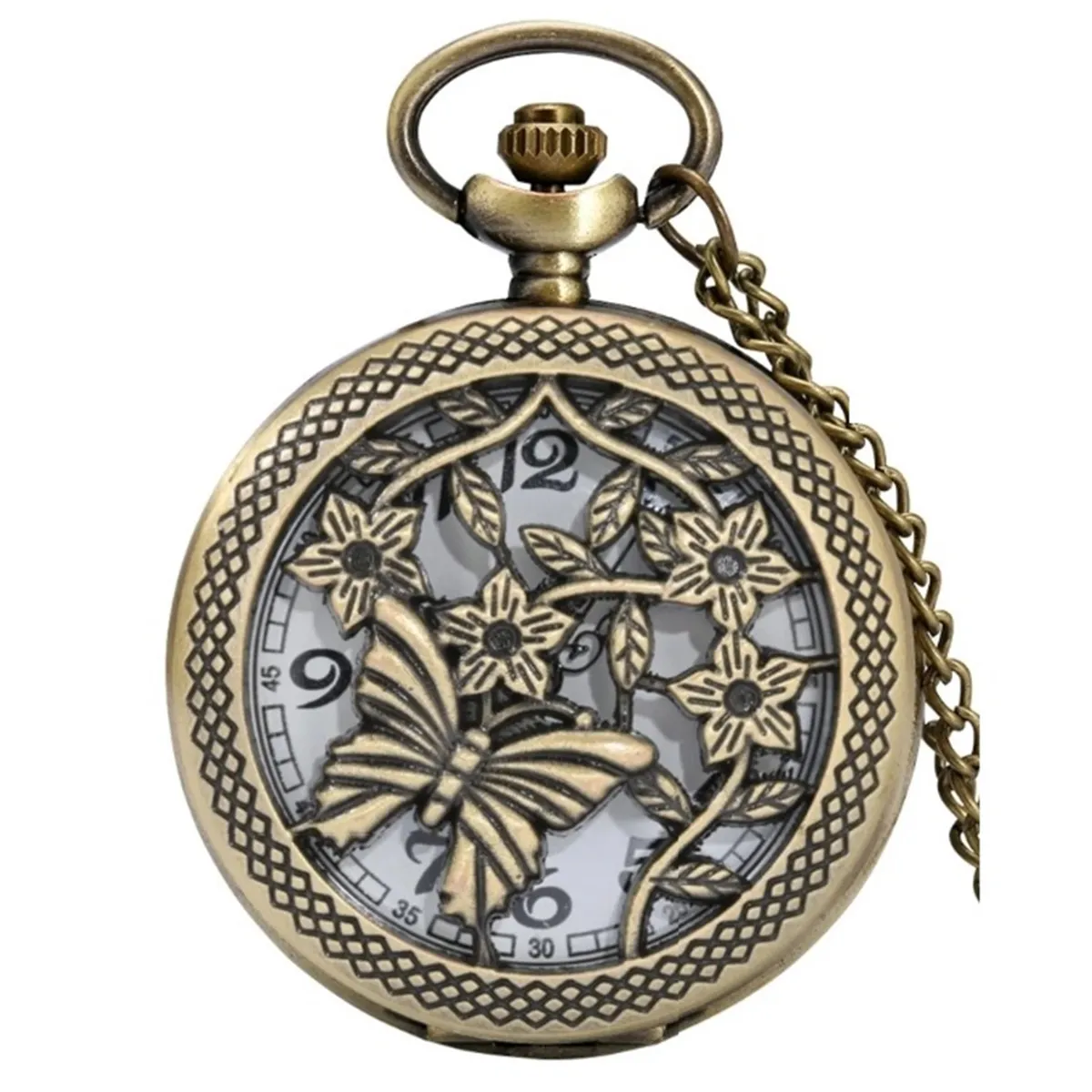 GENERICO - RELOJ DE BOLSILLO MARIPOSA CON TAPA CALADA VINTAGE
