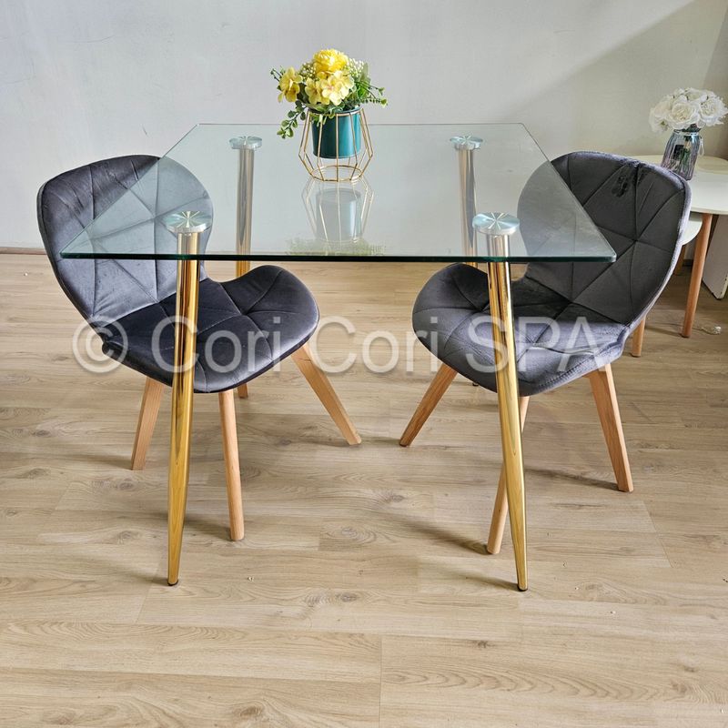 CORI CORI - Juegoo de Comedor Gold 80x80 + 2 Sillas Mariposas Velvet Gris