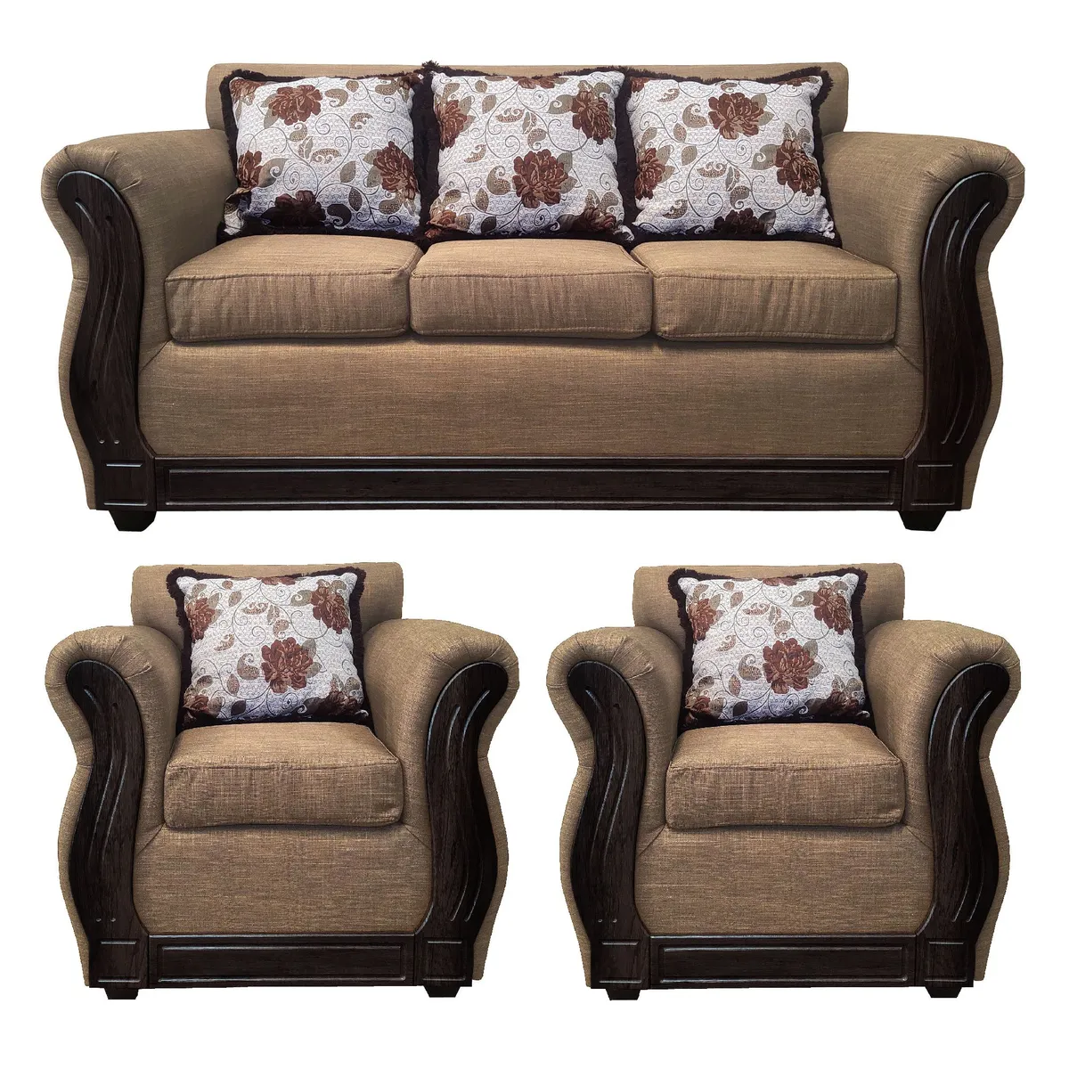 AMERICA DECORA - Living Con Resorte Estructural 5 Cuerpos 3+1+1 Eleonor Liso Color Café Claro