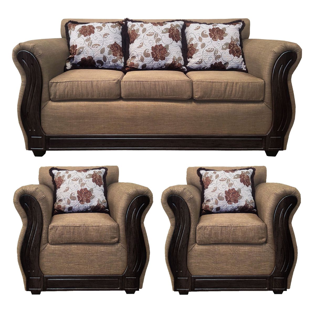 AMERICA DECORA - Living Con Resorte Estructural 5 Cuerpos 3+1+1 Eleonor Liso Color Café Claro