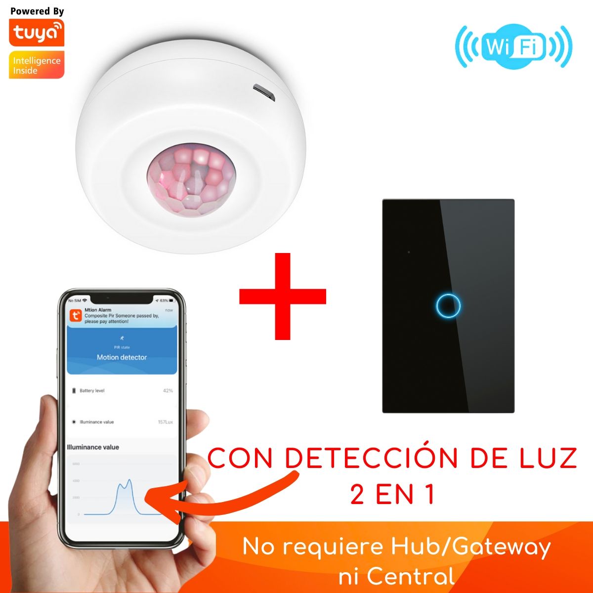 D MOTICA - Kit Sensor Movimiento con interruptor Wifi Control-Luces Inteligente-Color NEGRO