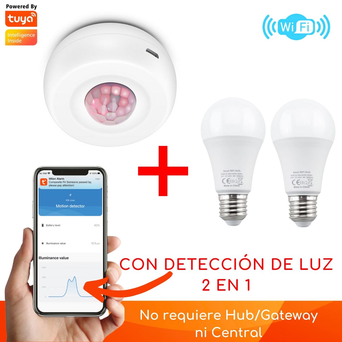 D MOTICA - Kit Sensor Movimiento y 2 Ampolletas Wifi, Control Luces Inteligente