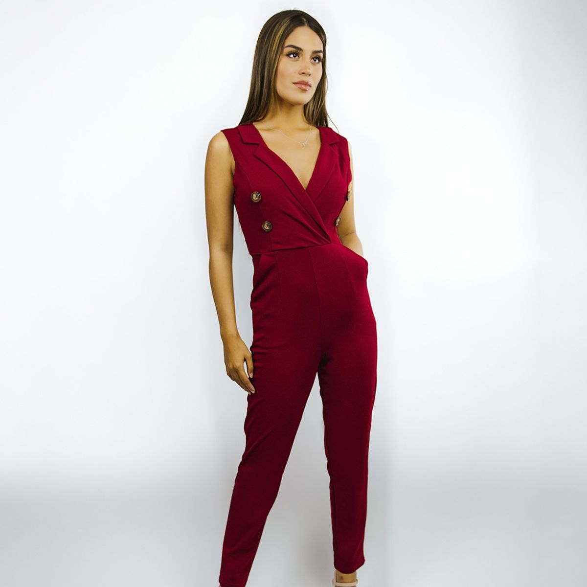 SEISCERONUEVE - Mono elegante burdeo sin mangas para mujer