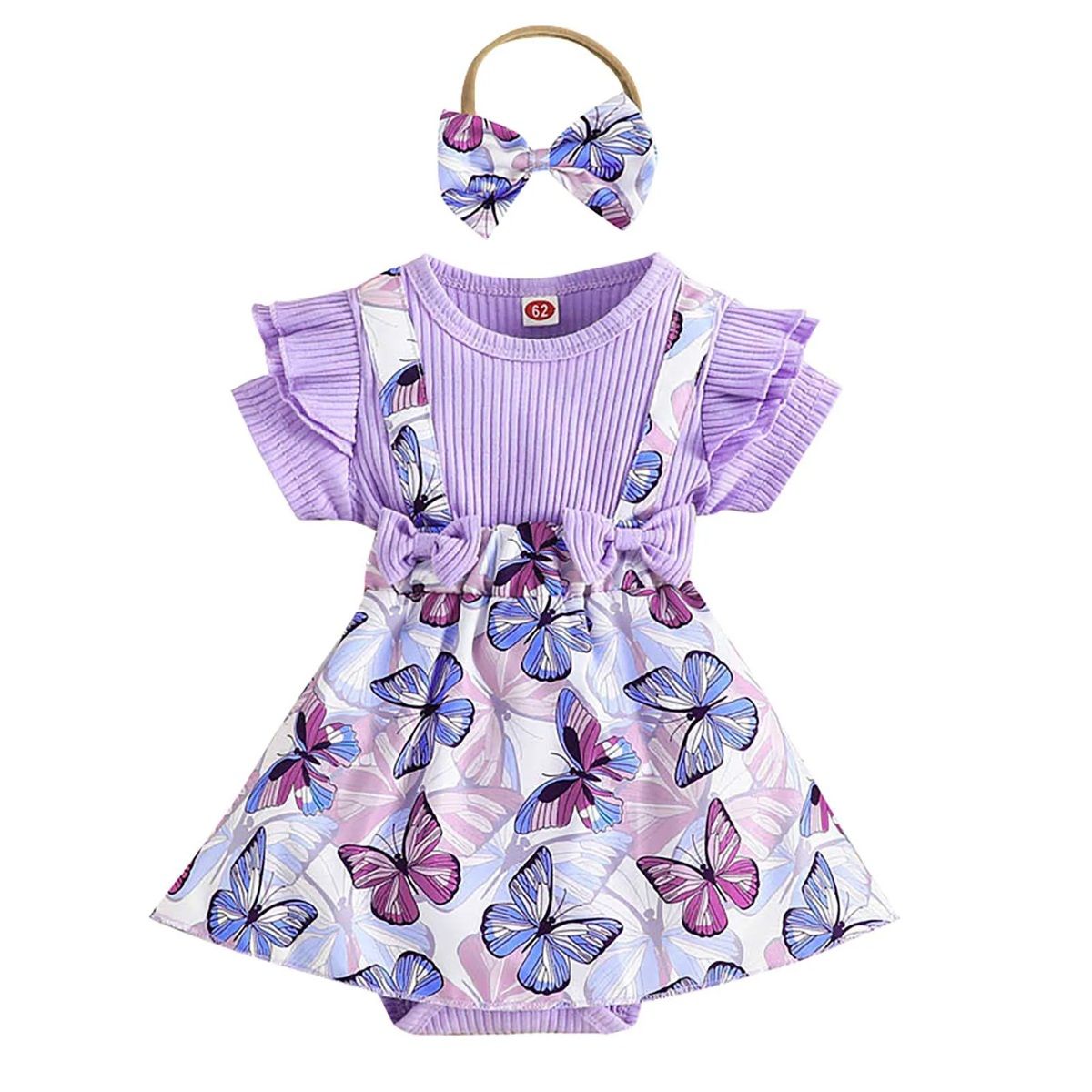 GENERICO - Body Vestido Para Niña Estampando Mariposa 2 Piezas Con Lazo Lila