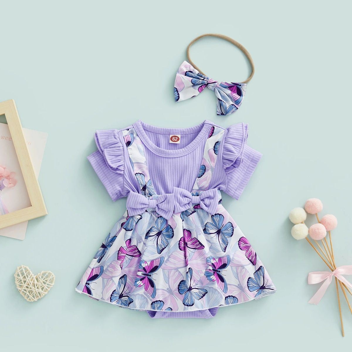 GENERICO - Body Vestido Para Niña Estampando Mariposa 2 Piezas Con Lazo Lila