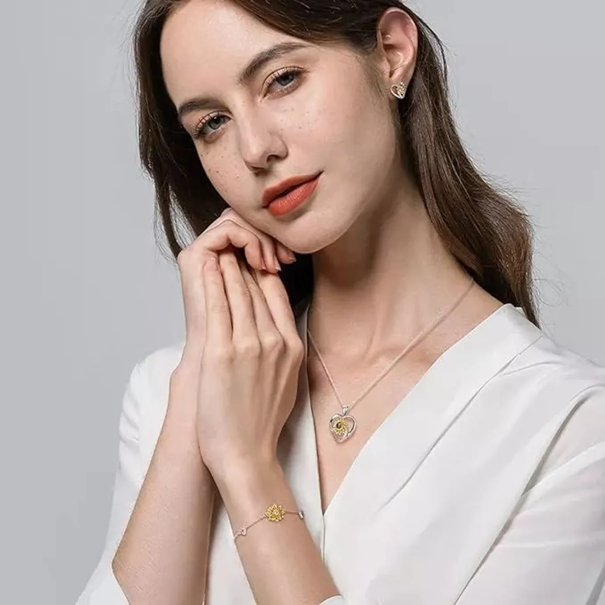 KUANGYE - Pulsera Girasol Bañado en plata Corazón Mujer Joya Regalo