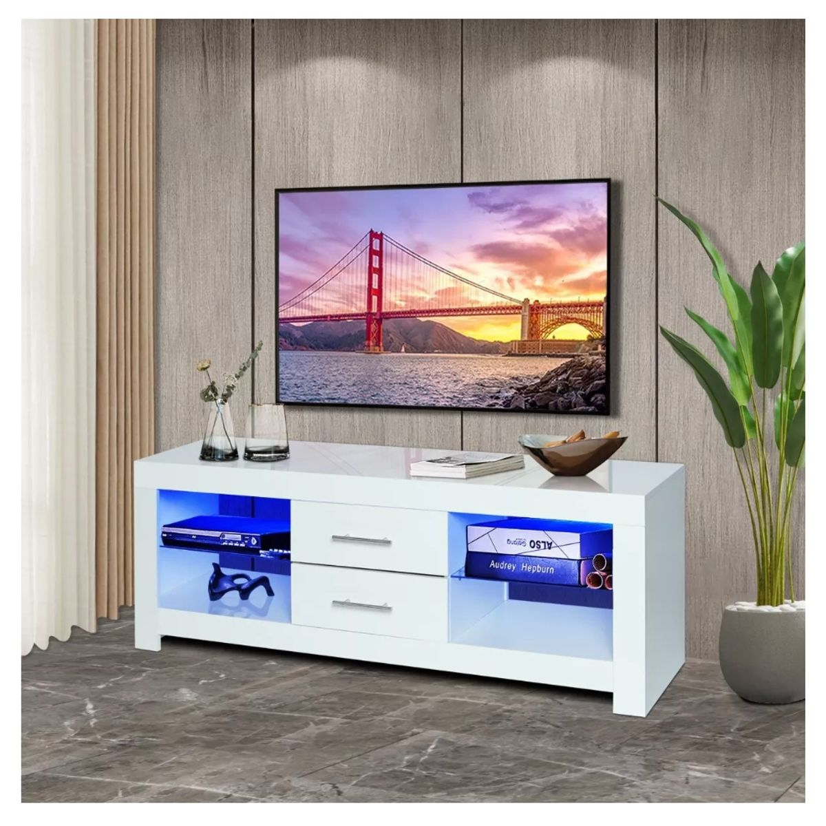 HOMER DESIGN - Rack Tv 120x40x50cm 2 Tiras Con Luz Variable Diseño Eeuu.