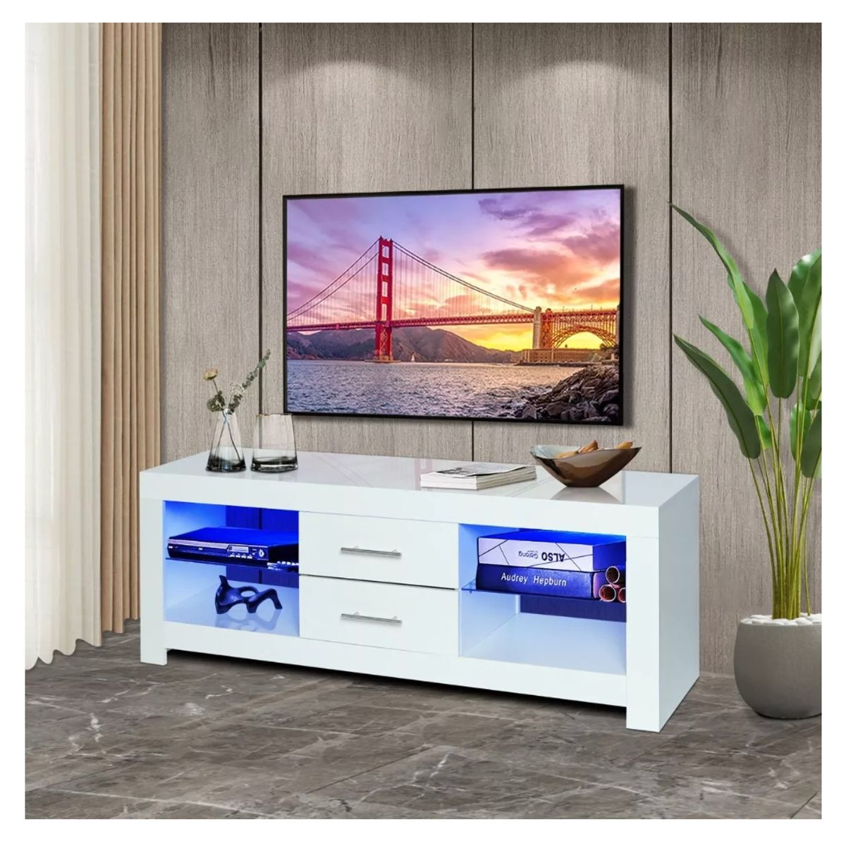 HOMER DESIGN - Rack Tv 120x40x50cm 2 Tiras Con Luz Variable Diseño Eeuu.