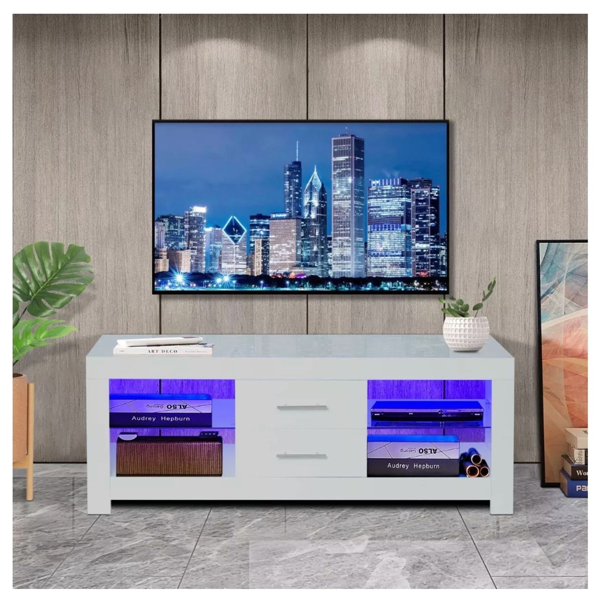 HOMER DESIGN - Rack Tv 120x40x50cm 2 Tiras Con Luz Variable Diseño Eeuu.