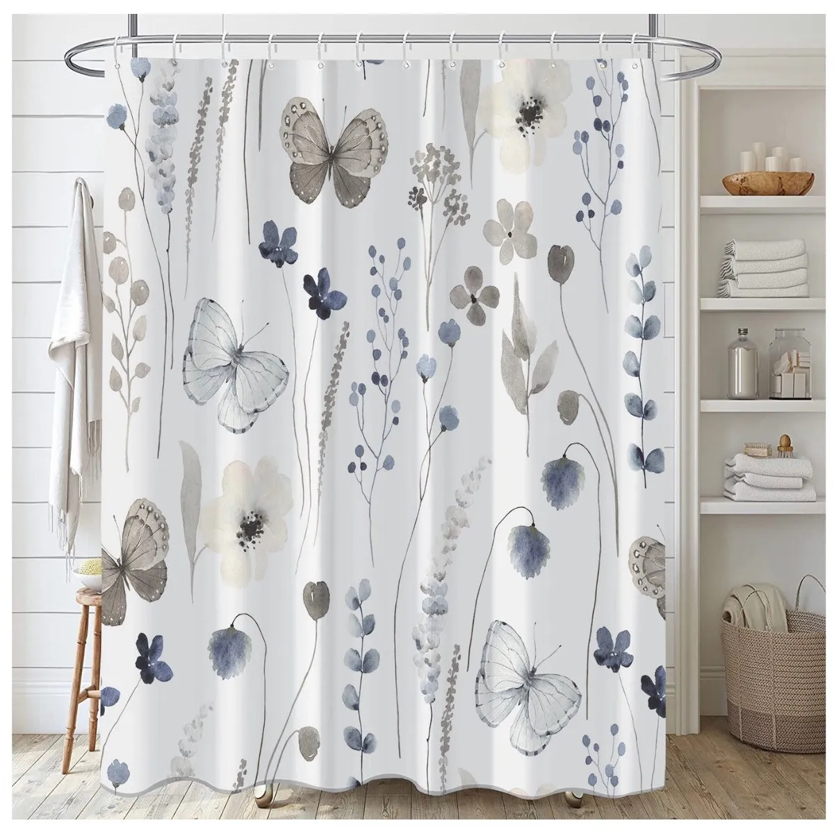 COMPRAPO - Cortina Baño Impermeable Mariposas Brown And Blue más 12 Ganchos