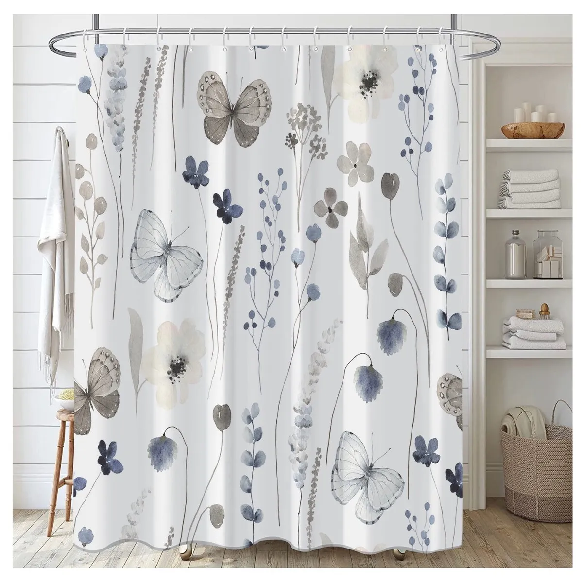 COMPRAPO - Cortina Baño Impermeable Mariposas Brown And Blue más 12 Ganchos