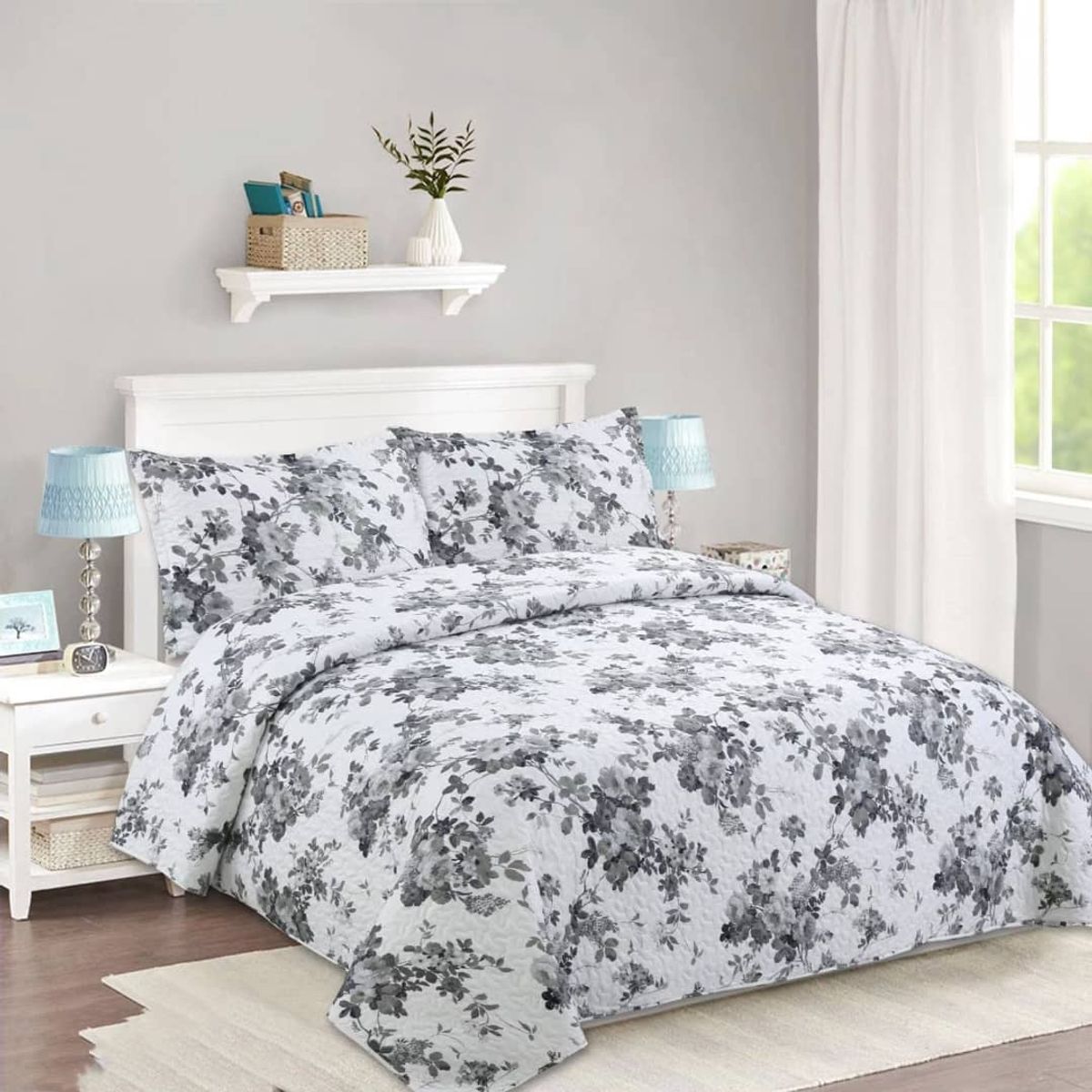 GENERICO - CUBRECAMA QUILT KING COLOR BLANCO CON FLORES GRIS fei ya