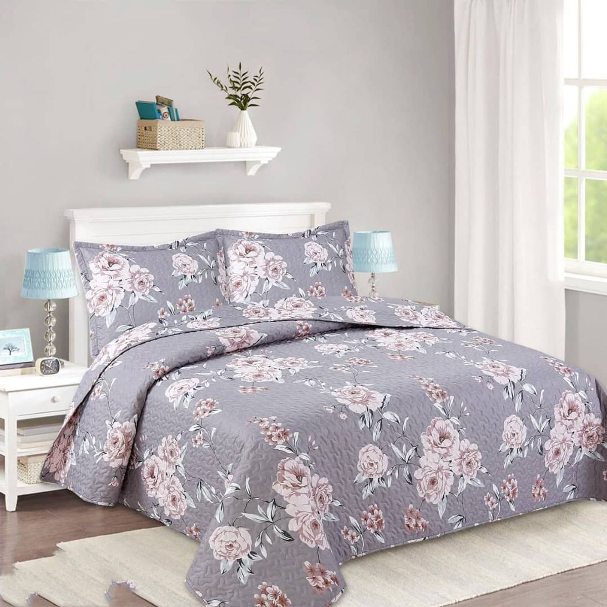 GENERICO - CUBRECAMA QUILT KING COLOR GRIS CON FLORES fei ya