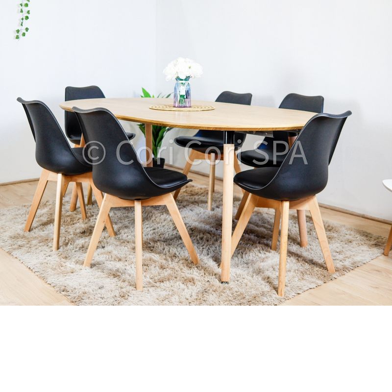 CORI CORI - Juego de Comedor Expandible (100-140-180CMS) + 6 Sillas Tulip Negras