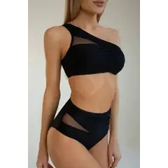 MOSS ROSE - Bañador de bikini plisado con paneles de malla para mujer