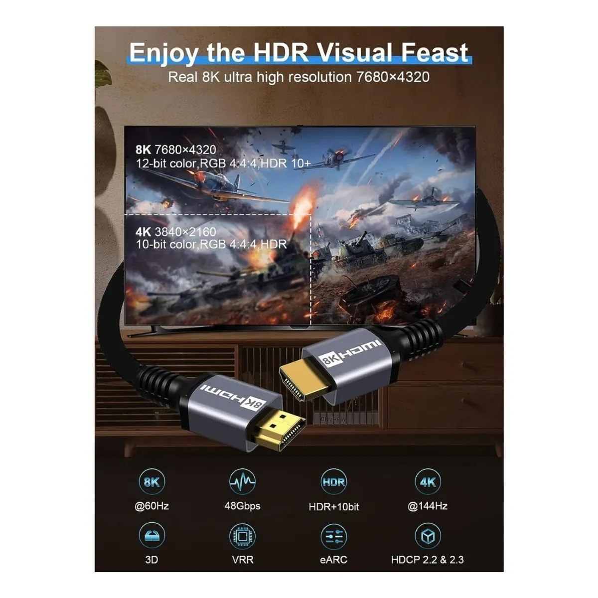 BAZUCA - Cable Hdmi 8k 2.1 Hdr 5 Metros 48gbps 8k 10k 60hz 4k 120hz