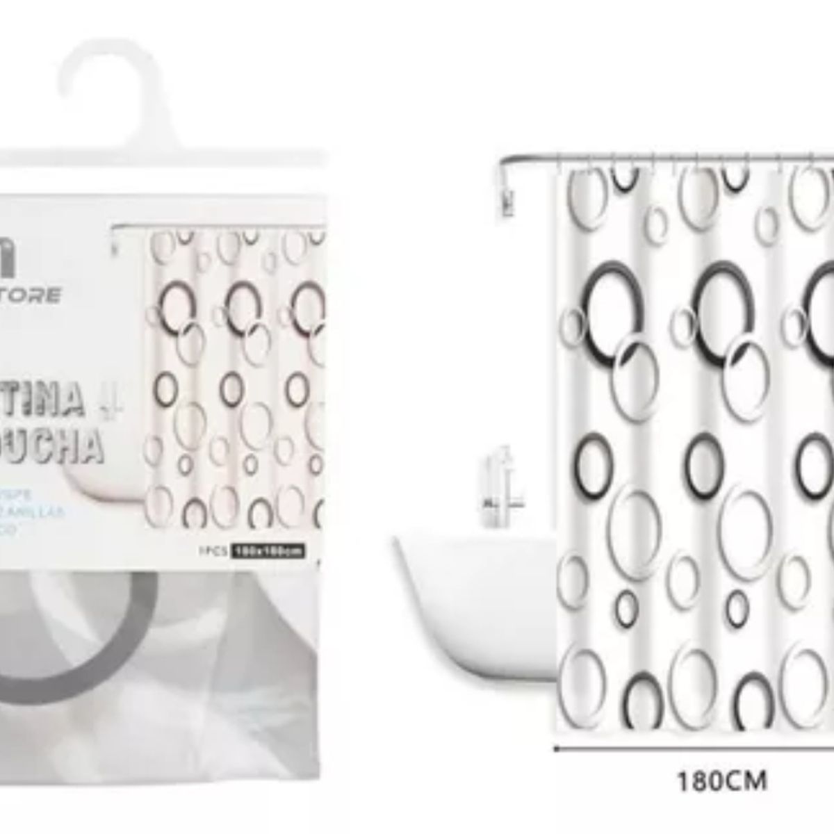 OEM - Cortina Baño Ducha Poliéster 180x180 Blanco con Negro