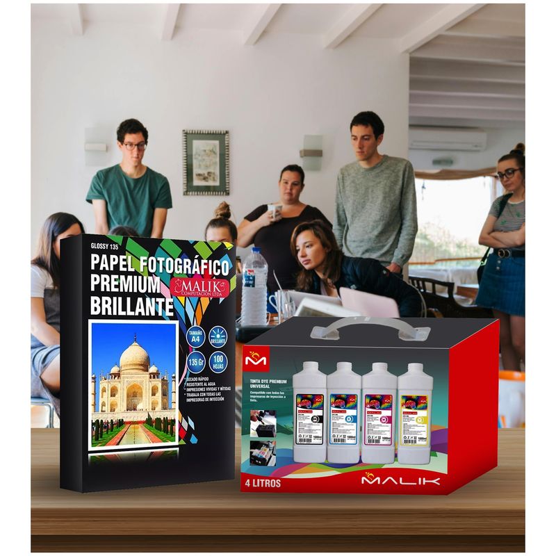 MALIK - Papel Glossy 135gm 100 hojas + 4 Litros para Hp OJ 7740