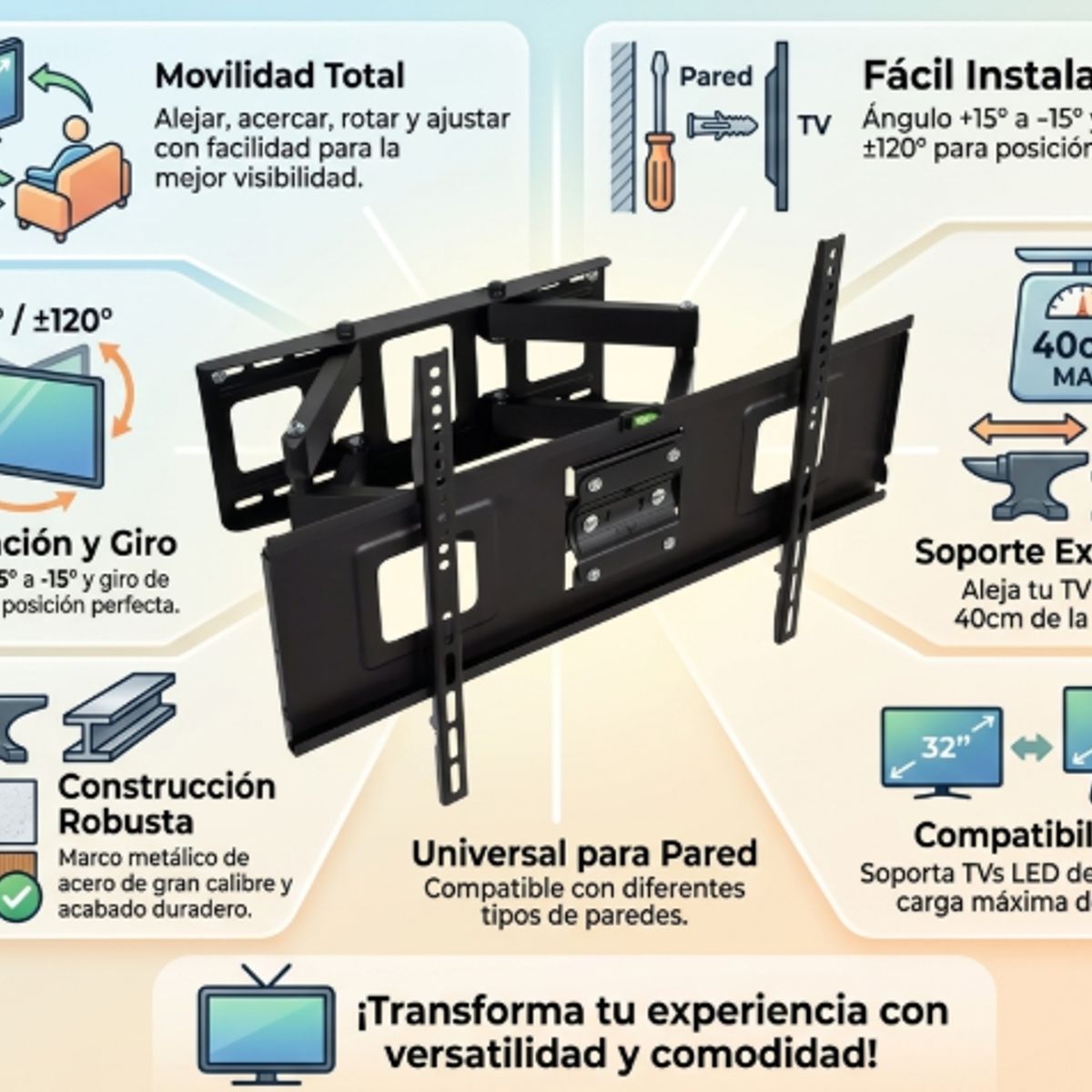 IRM - Soporte Tv 40 - 80  Pared Ajustable Brazo Retractil Doble Brazo hasta 80k