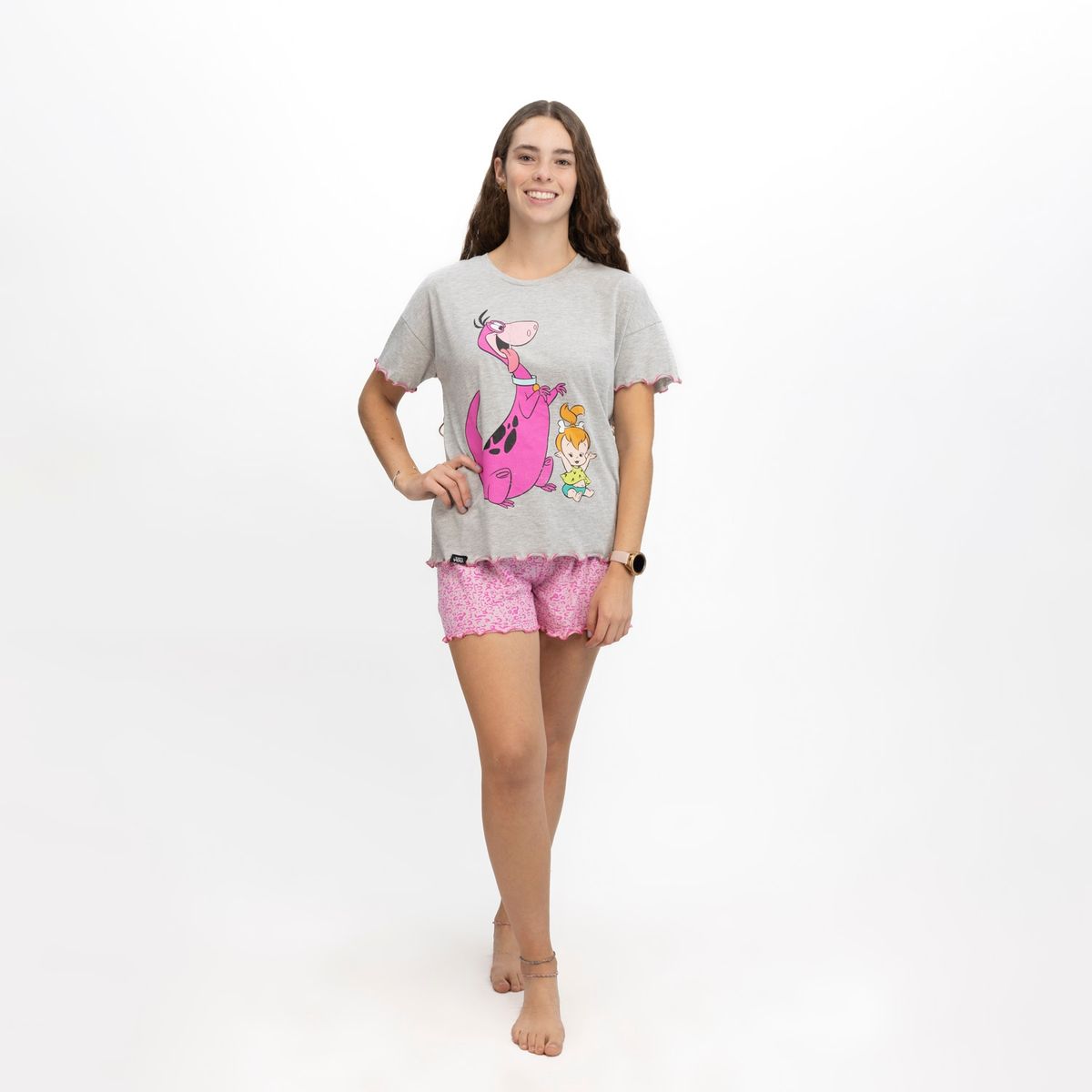 HANNA BARBERA - Pijama Mujer Famila Dino & Pebbles Gris Los Picapiedras