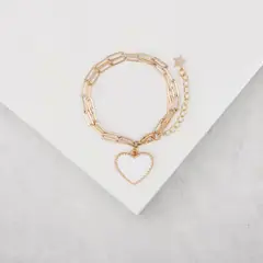 BY LAS CAYETANAS - Pulsera doble eslabón rectangular con Corazón blanco bañada en Oro 18k