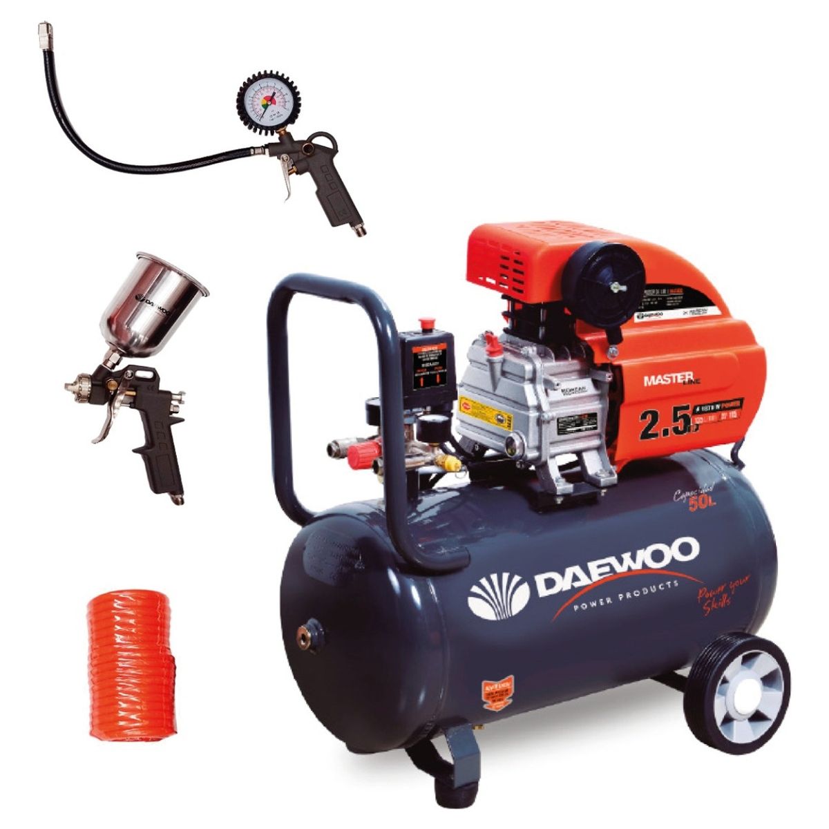 DAEWOO - Compresor Eléctrico Daewoo DAC50D 50L 25HP + Kit de Accesorios