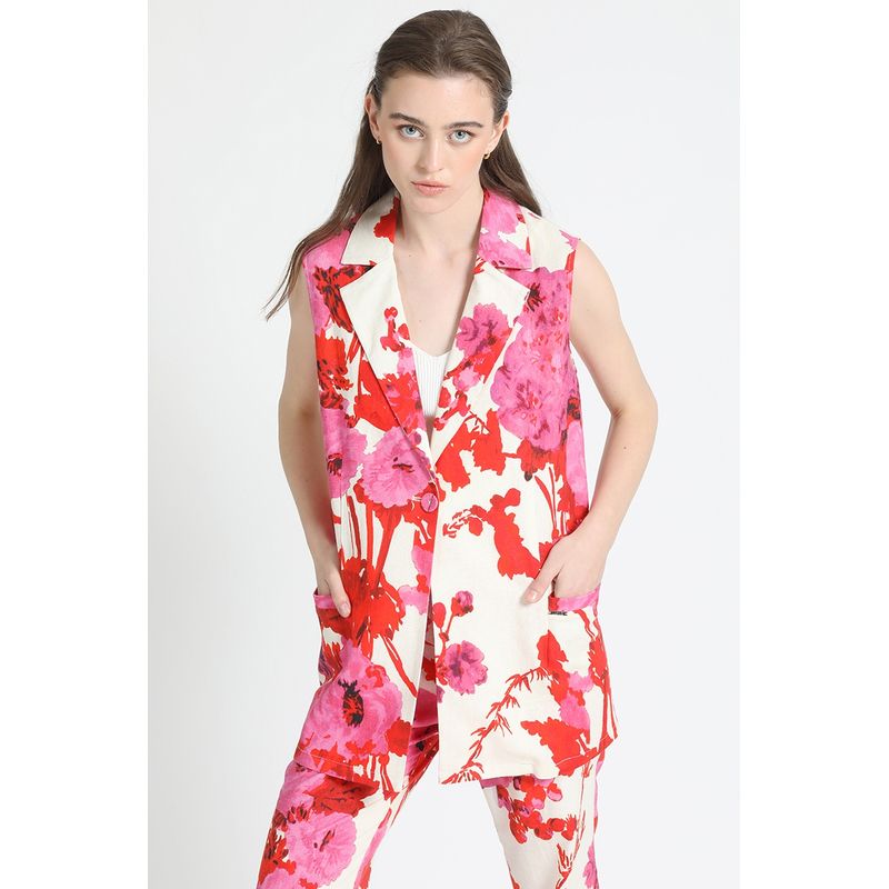 LIOLA - Chaleco Sastre Largo , Lino Mix Estampado Rosa Liola